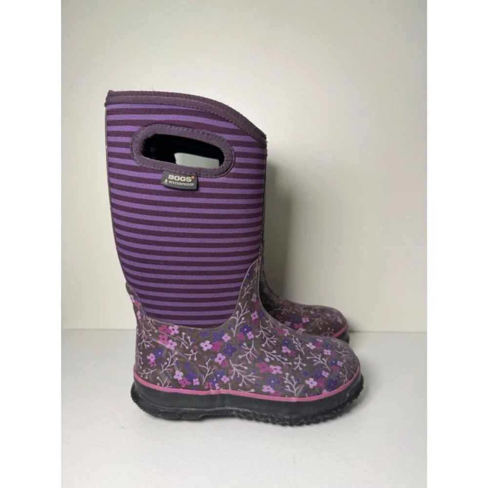 BOGS Kids Waterproof Insulated Pull On Boots - Purple Floral Striped | Size 1
